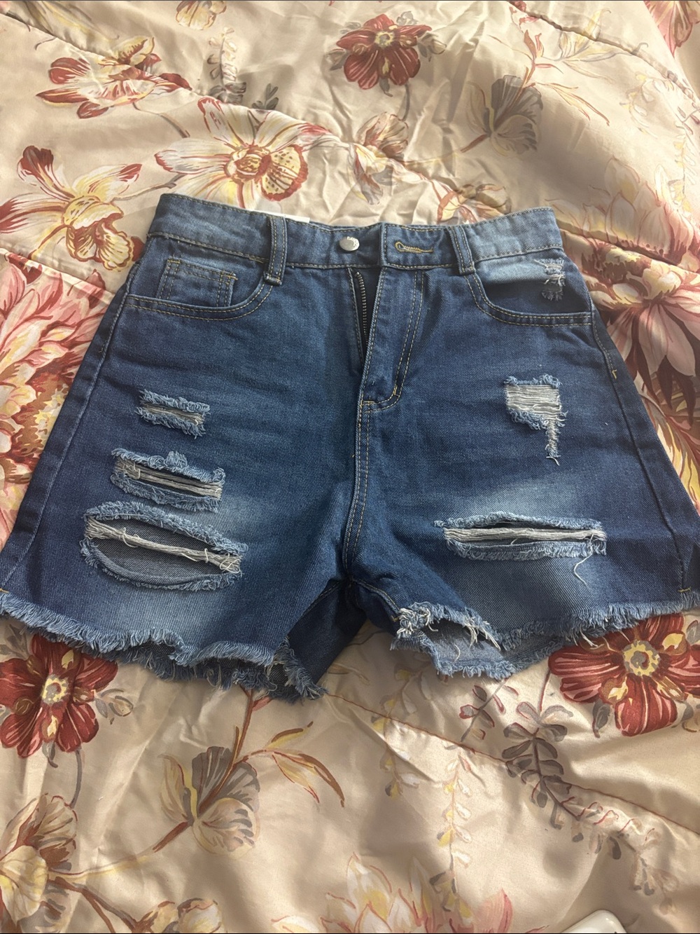 Distressed High-Waist Denim Shorts - Blue